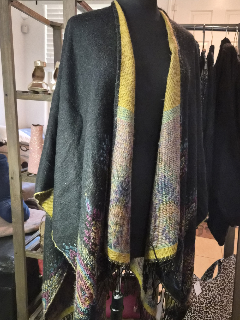 Black Shawl Wrap with Mustard Floral-Patterned Border #0096